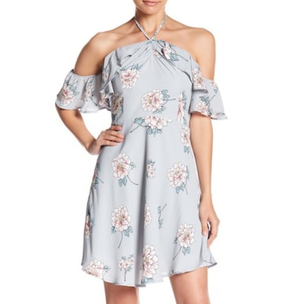 J.O.A. women L halter cold shoulder mini dress floral spring cottagecore